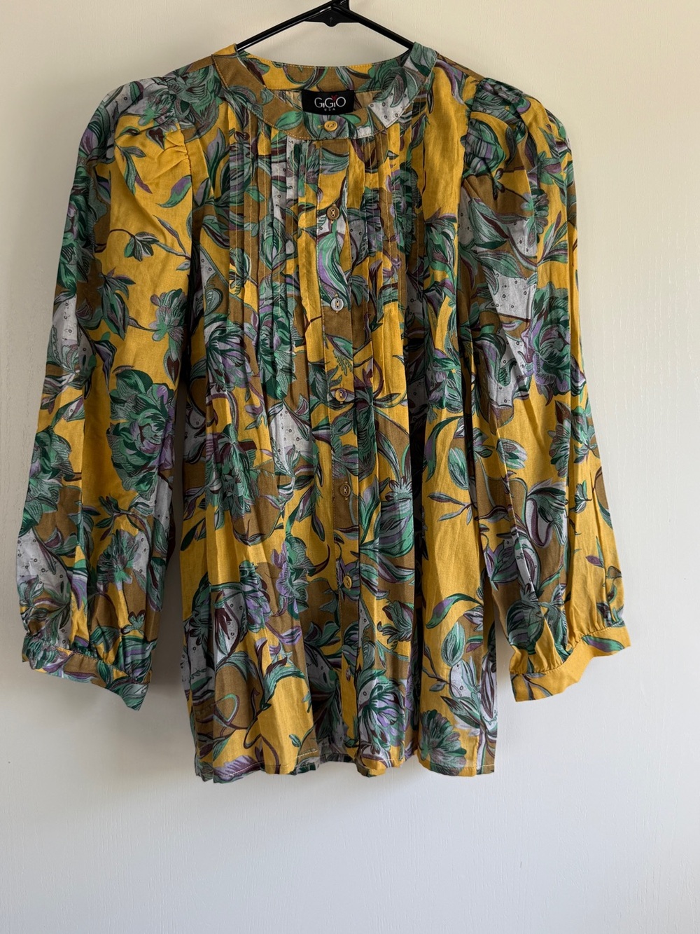 Gigio Floral Pintuck Yellow Blouse Puff Sleeve Cottagecore Feminine Cotton